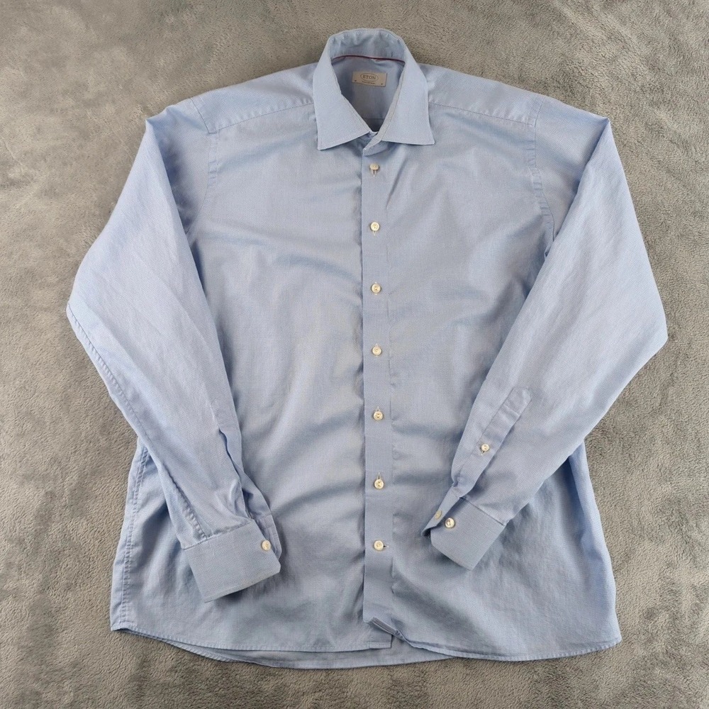 Eton Contemporary Dress Shirt Mens 18 46 Blue Houndstooth Long Sleeve Button Up